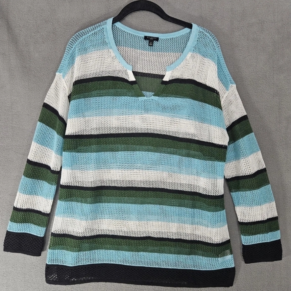 Talbots Womens Beach Linen Knit Blend Sweater Size Petite Large Green Strip